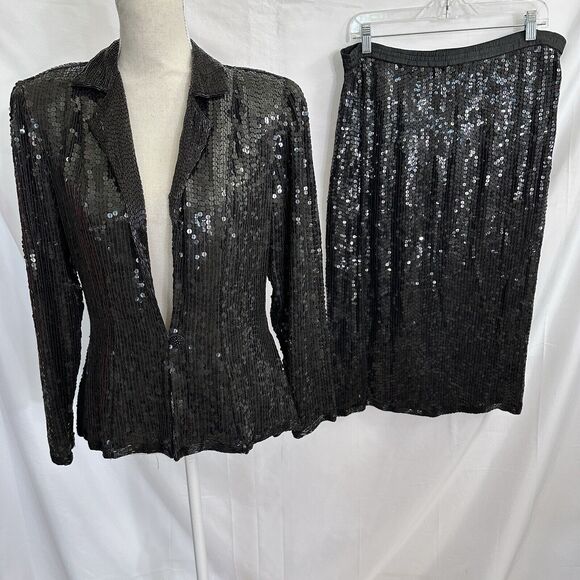 LILLIE RUBIN Black Sequin 100% Silk JACKET SKIRT SUIT VINTAGE 1990s Medium Set - Picture 1 of 8